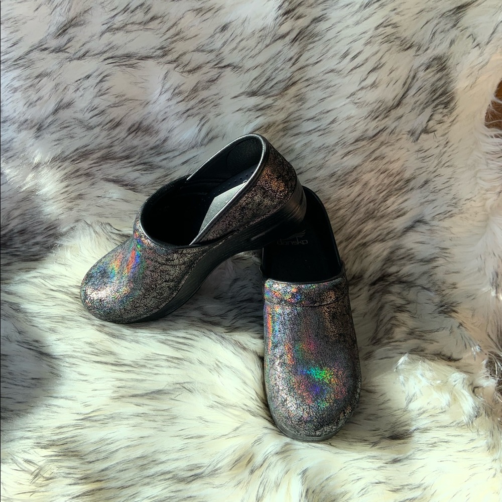 Dansko Pewter Iridescent clogs